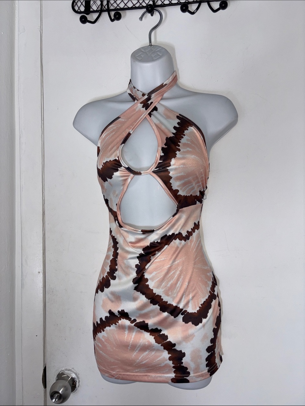 Sold Sleeveless Peach & Brown Tie-Dye Cutout Mini Dress